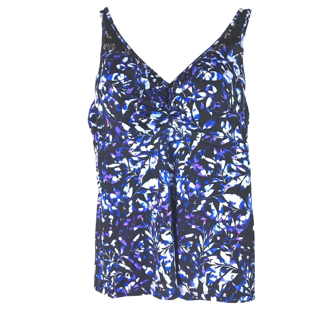 Swimsuits For All Tropical Leaf Underwire Tankini Top 38DD Blue Black Purple‎